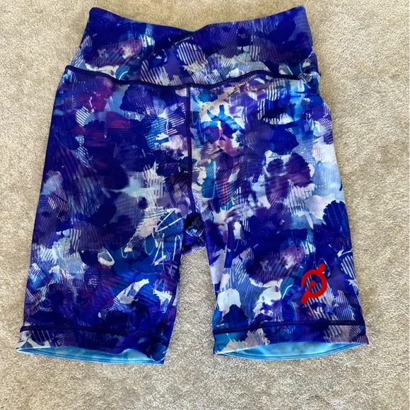 3 pc Peloton WITH blue printed Leggings, Bra, and biker shorts