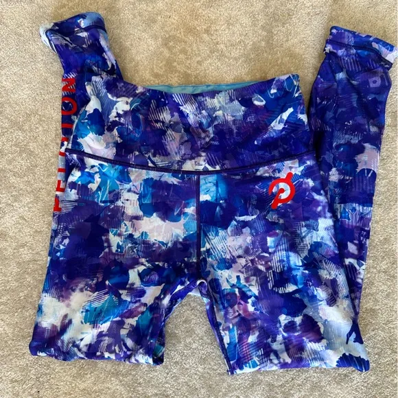 3 pc Peloton WITH blue printed Leggings, Bra, and biker shorts