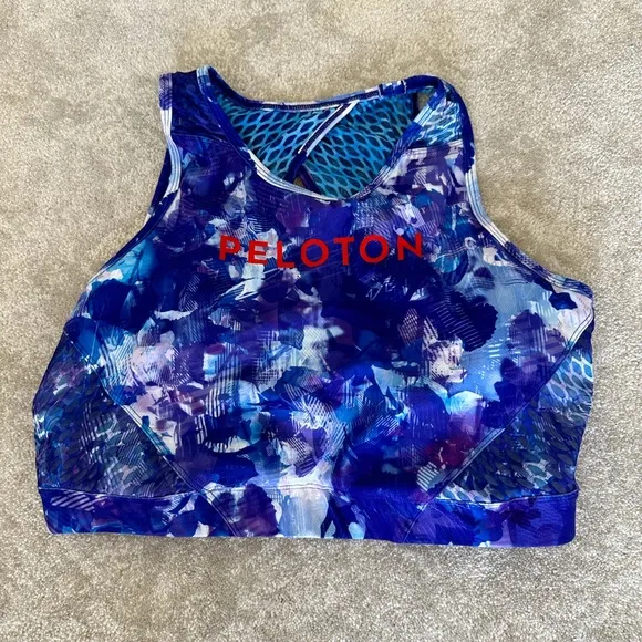 3 pc Peloton WITH blue printed Leggings, Bra, and biker shorts