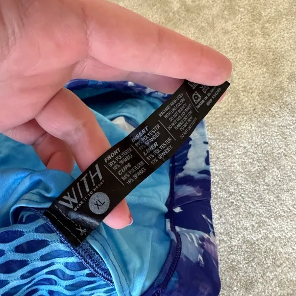3 pc Peloton WITH blue printed Leggings, Bra, and biker shorts