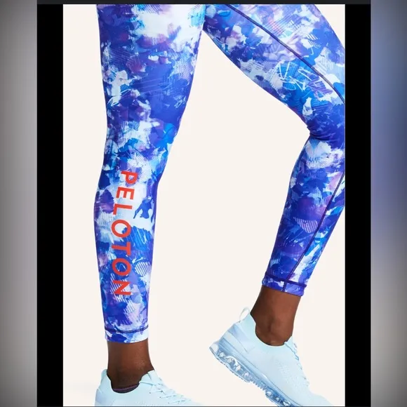 3 pc Peloton WITH blue printed Leggings, Bra, and biker shorts