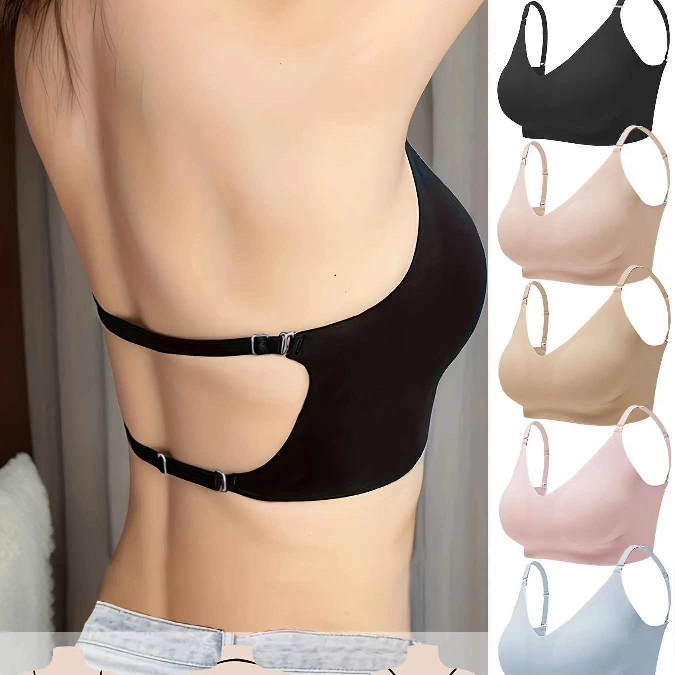 5-Pack Women's Seamless Backless Crop Tank Top Sports Bra - Wire-Free, Invisible, Adjustable Straps