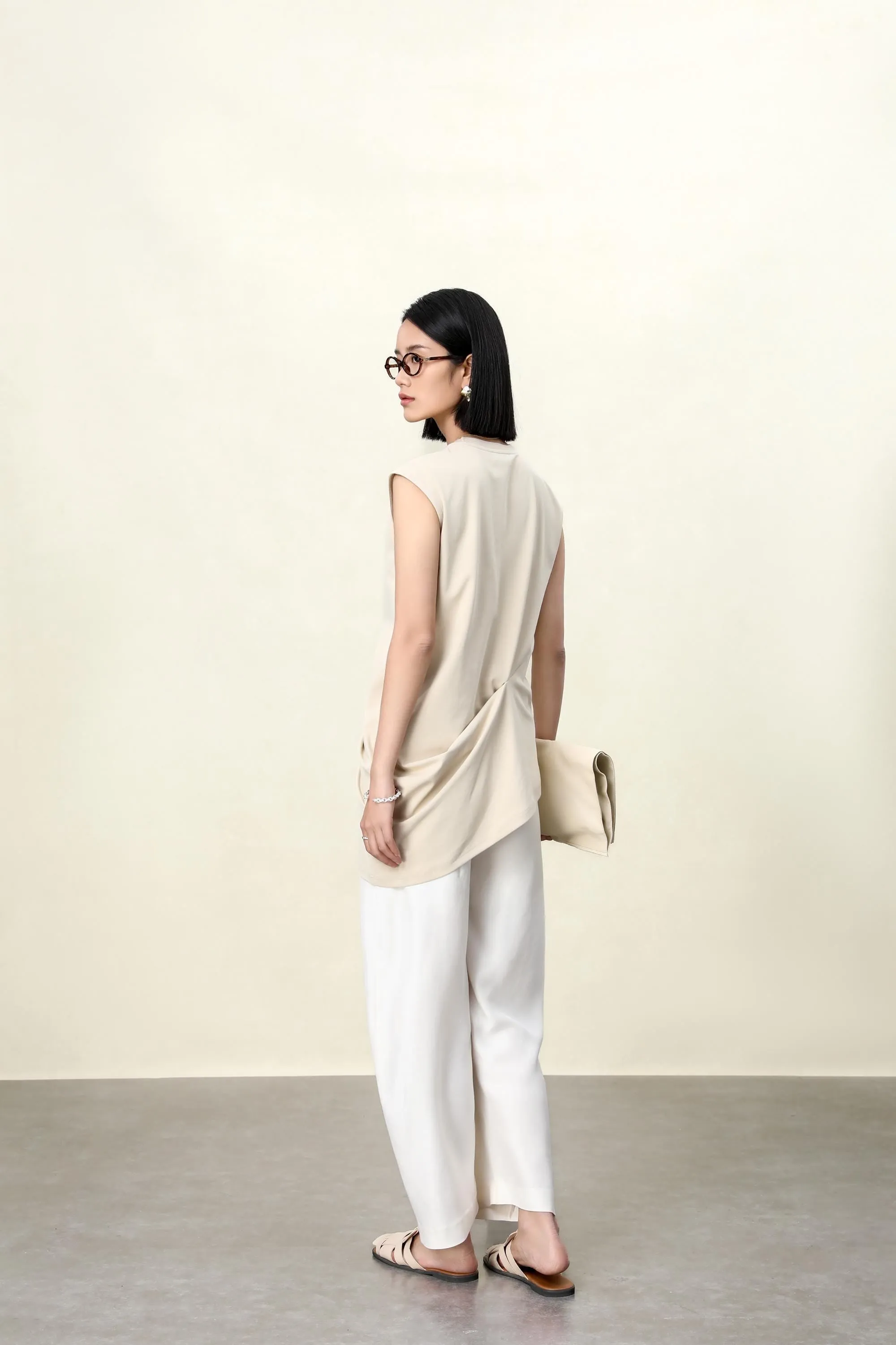 Apricot & Black Asymmetrical Cotton Tank Top | Cloud-Soft Bias-Cut Women's Casual Tee
