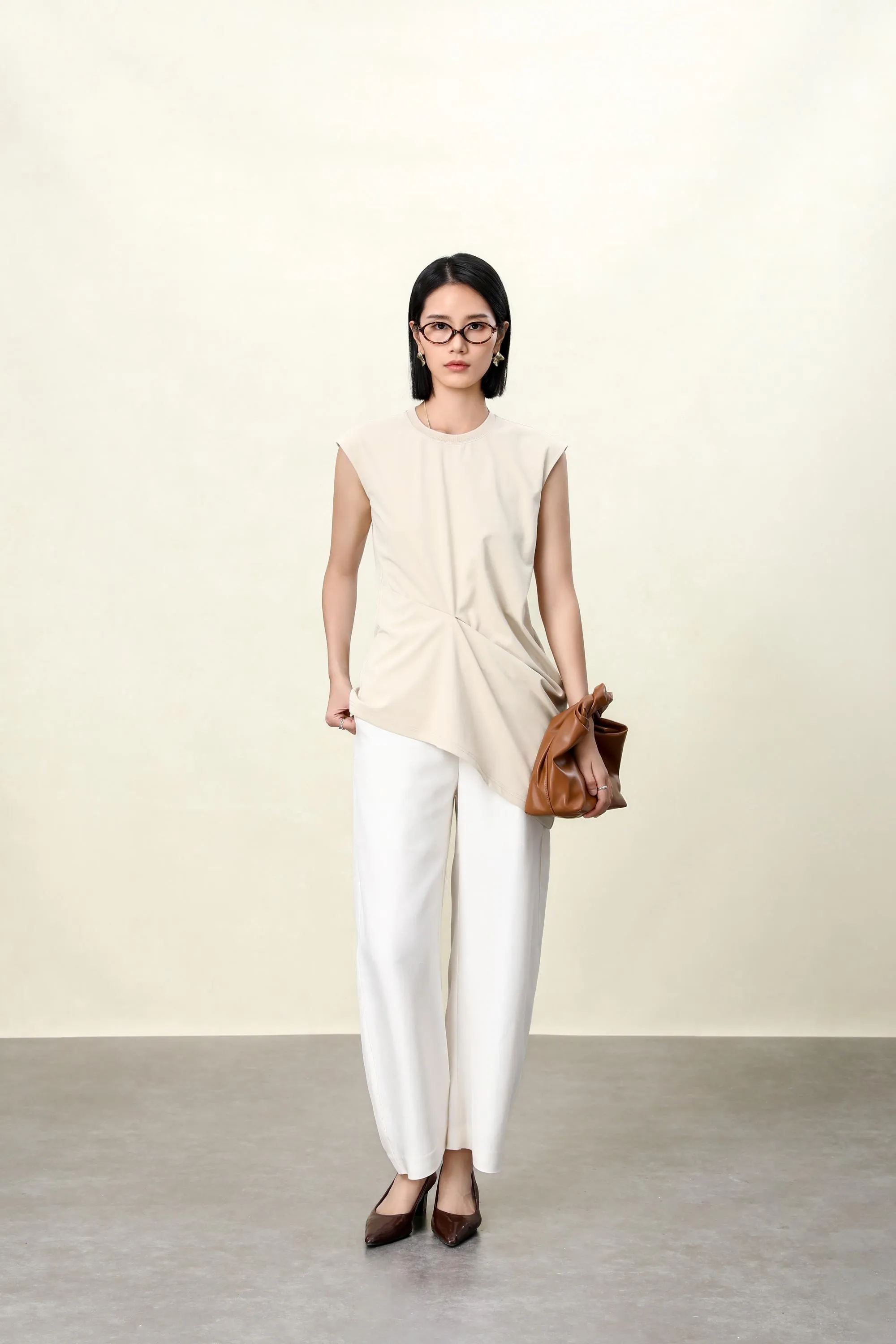 Apricot & Black Asymmetrical Cotton Tank Top | Cloud-Soft Bias-Cut Women's Casual Tee
