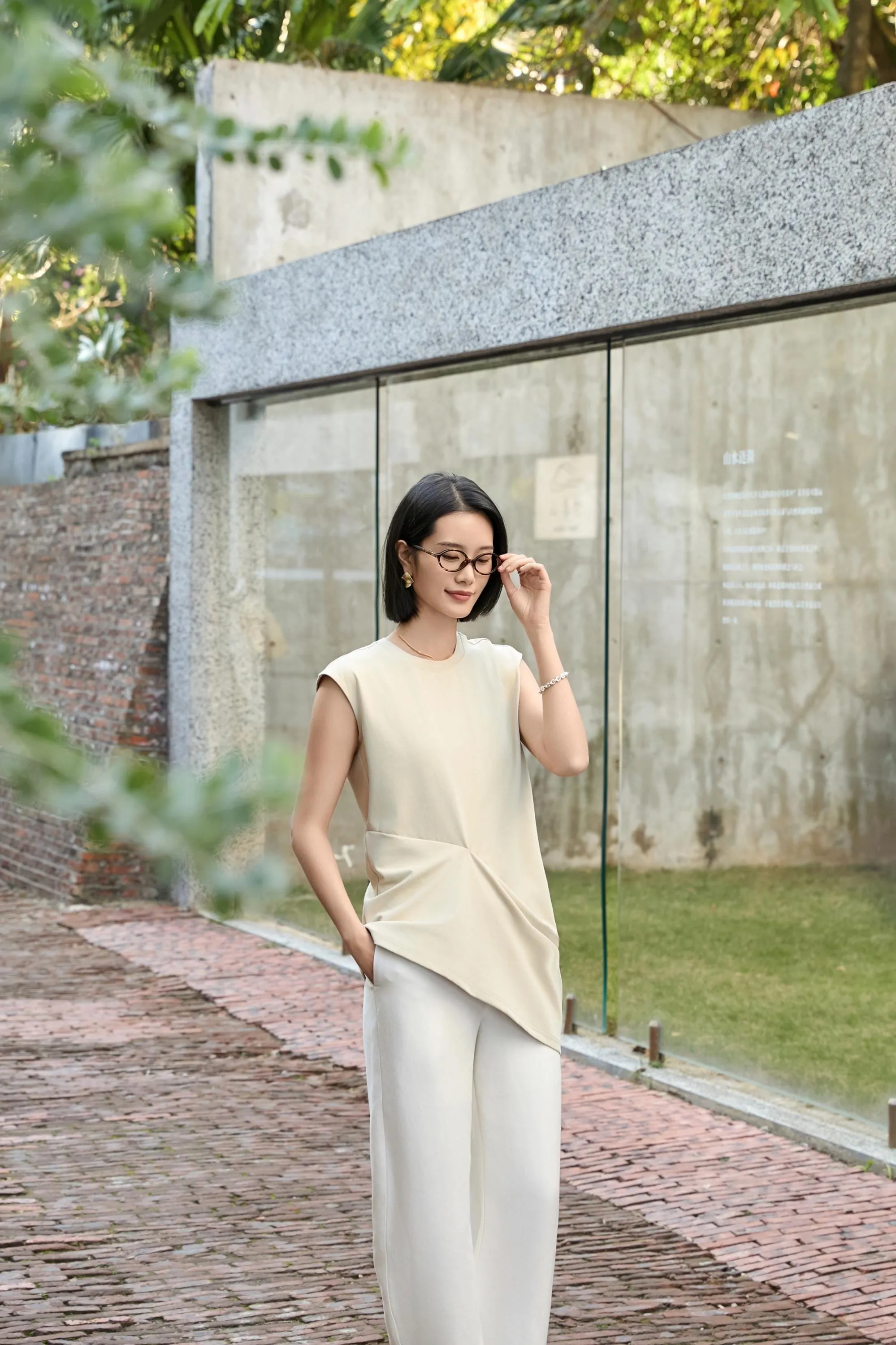 Apricot & Black Asymmetrical Cotton Tank Top | Cloud-Soft Bias-Cut Women's Casual Tee