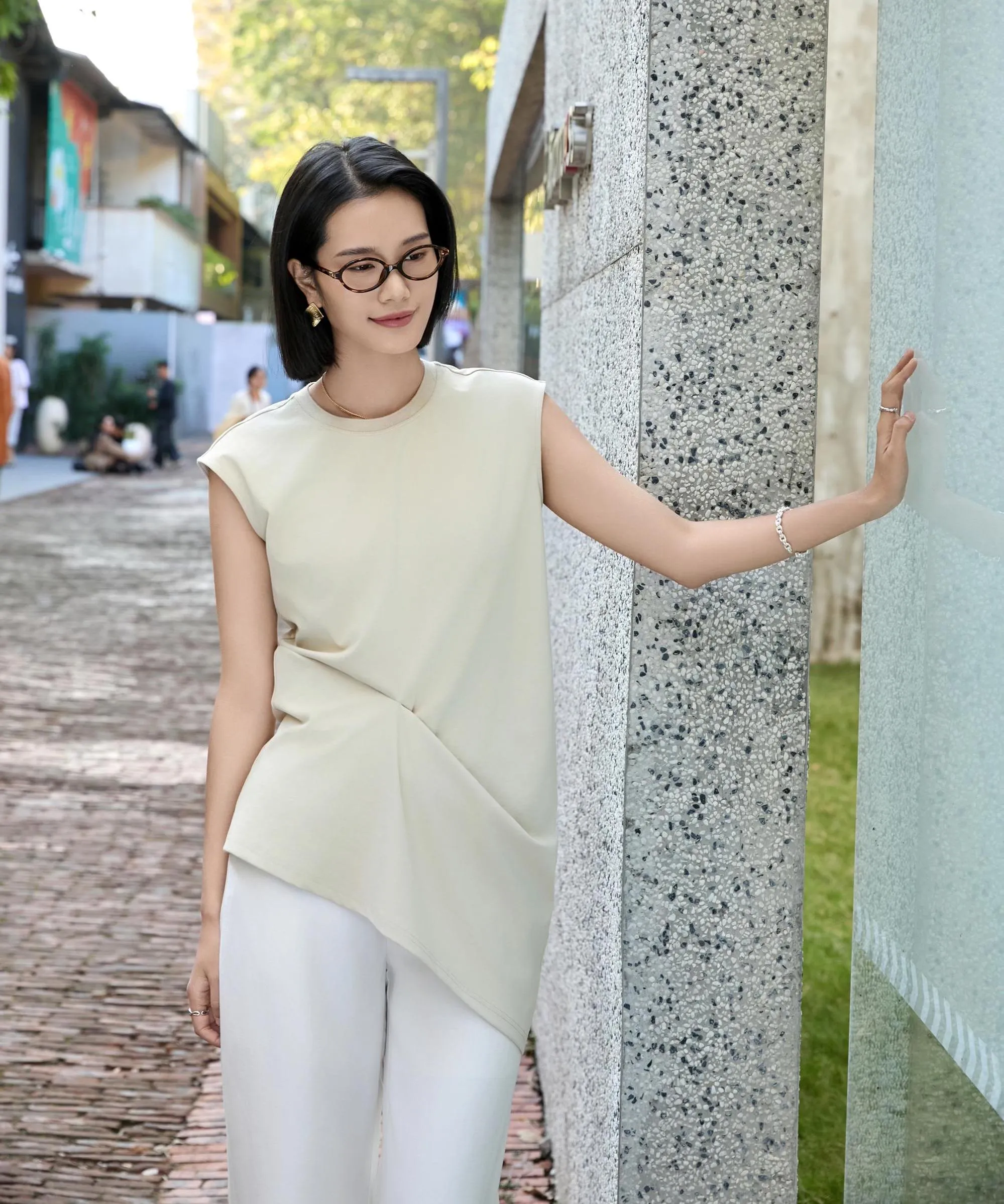 Apricot & Black Asymmetrical Cotton Tank Top | Cloud-Soft Bias-Cut Women's Casual Tee