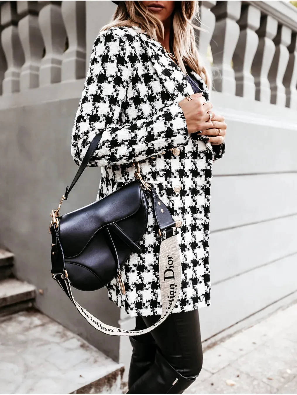 Autumn and Winter Long Sleeved Woolen Jacket Elegant Women's Plaid Patchwork Retro Blazers Long Windbreaker Coat