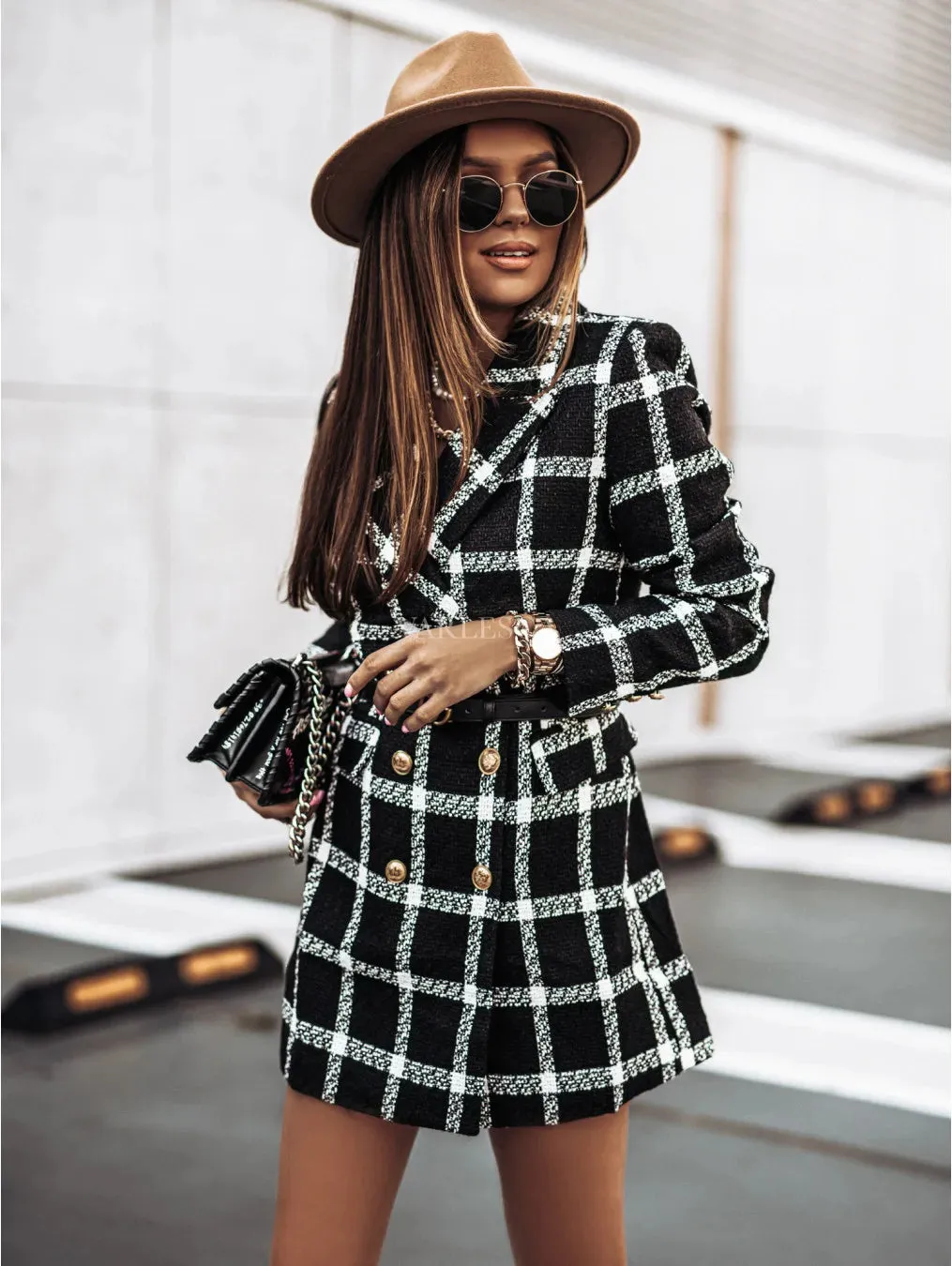 Autumn and Winter Long Sleeved Woolen Jacket Elegant Women's Plaid Patchwork Retro Blazers Long Windbreaker Coat