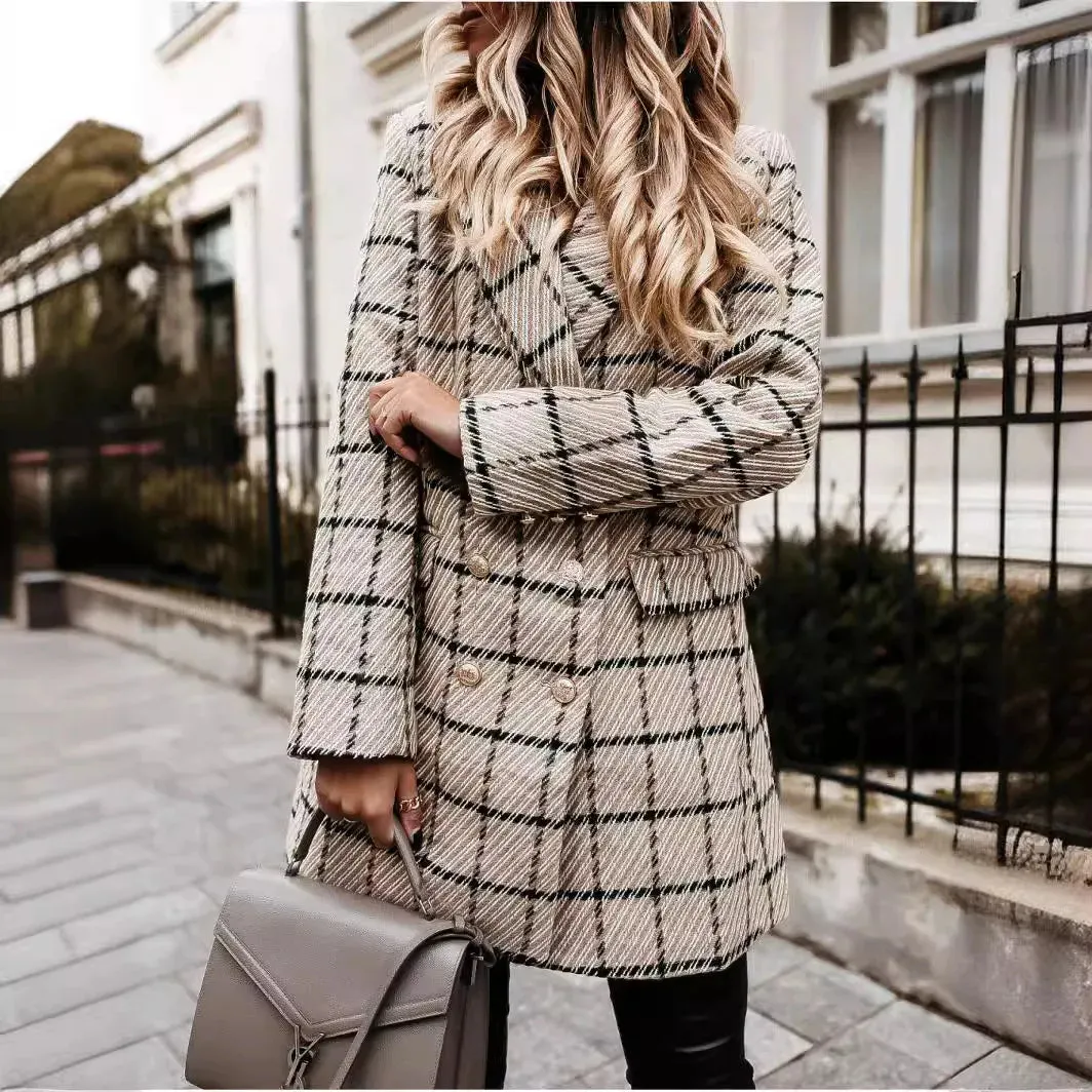 Autumn and Winter Long Sleeved Woolen Jacket Elegant Women's Plaid Patchwork Retro Blazers Long Windbreaker Coat