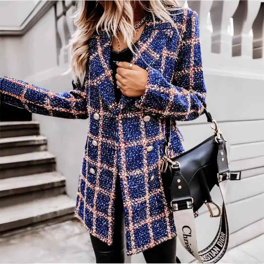 Autumn and Winter Long Sleeved Woolen Jacket Elegant Women's Plaid Patchwork Retro Blazers Long Windbreaker Coat