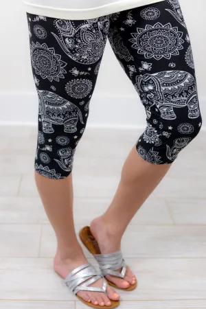 Black/White Capri Elephant Printed Leggings (Sizes 4-12) - LEG1141BW