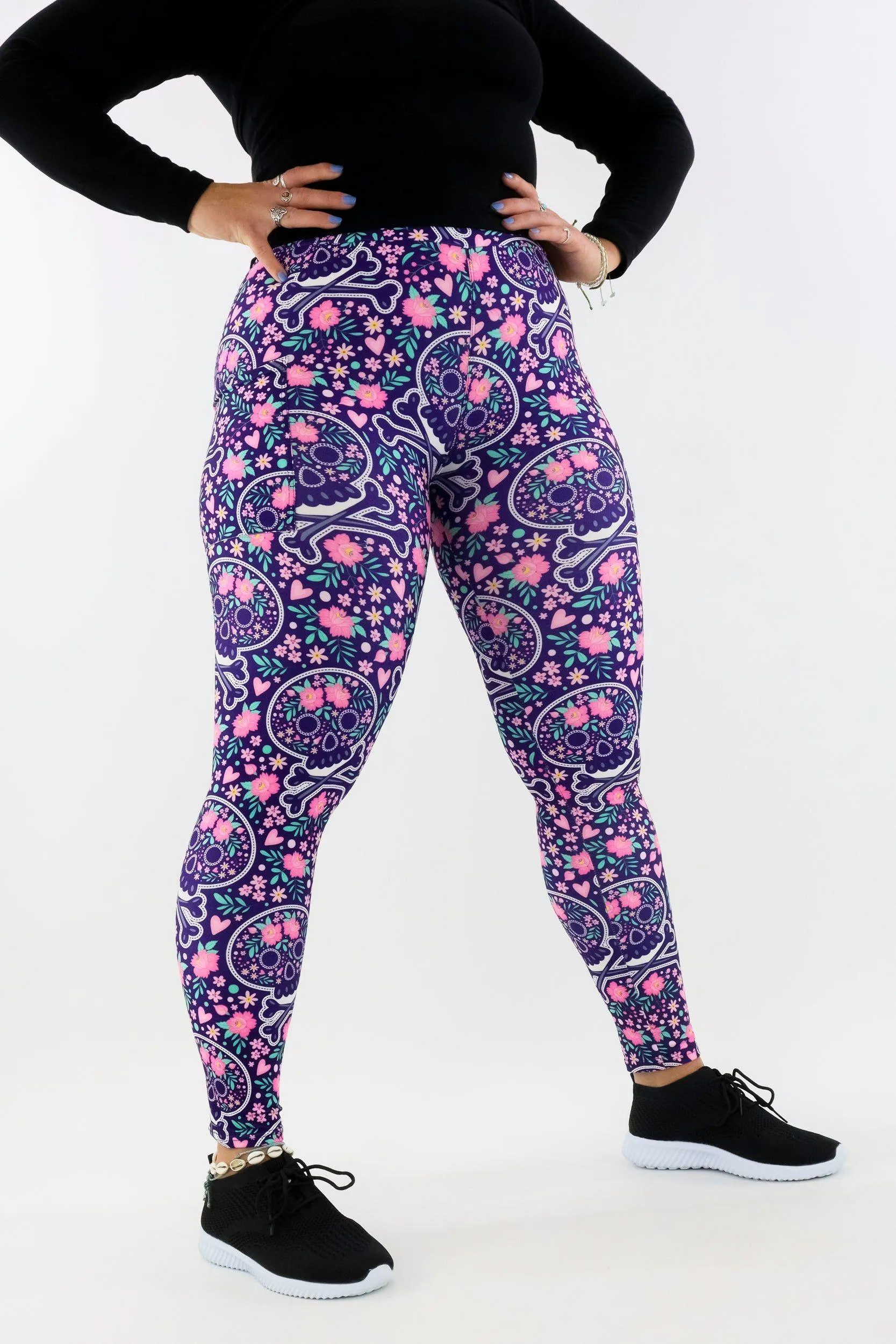 Blooming Skull - Casual - Regular Full Leggings - Pockets