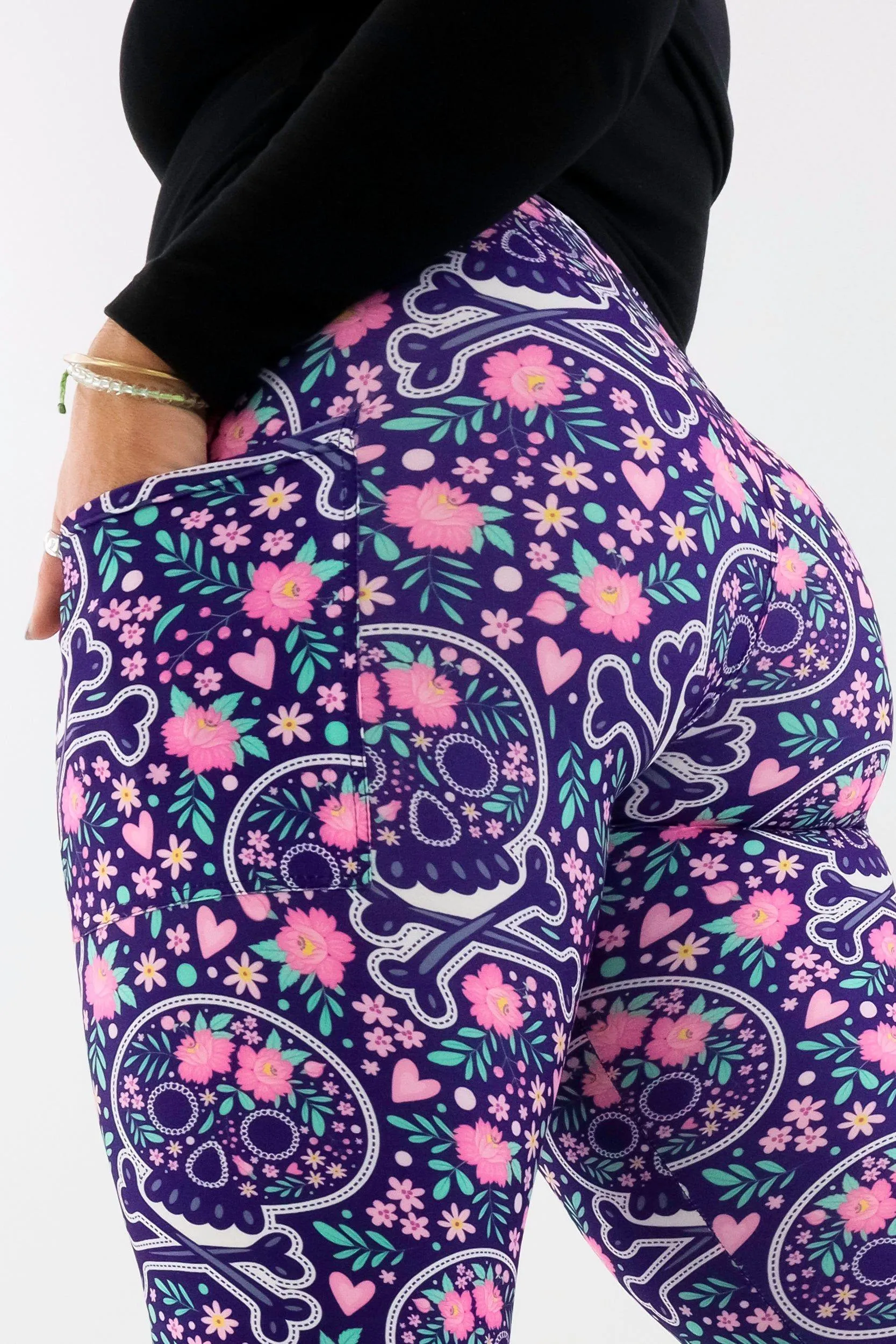 Blooming Skull - Casual - Regular Full Leggings - Pockets