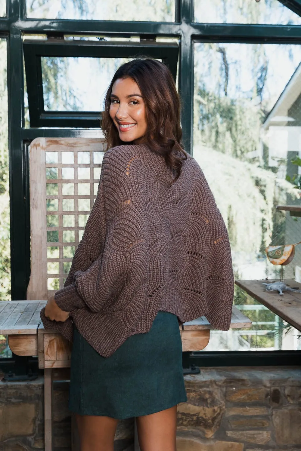 Boho Mocha Brown Winter Ponchos Ribbed Knit Pattern Poncho w/ Sleeves