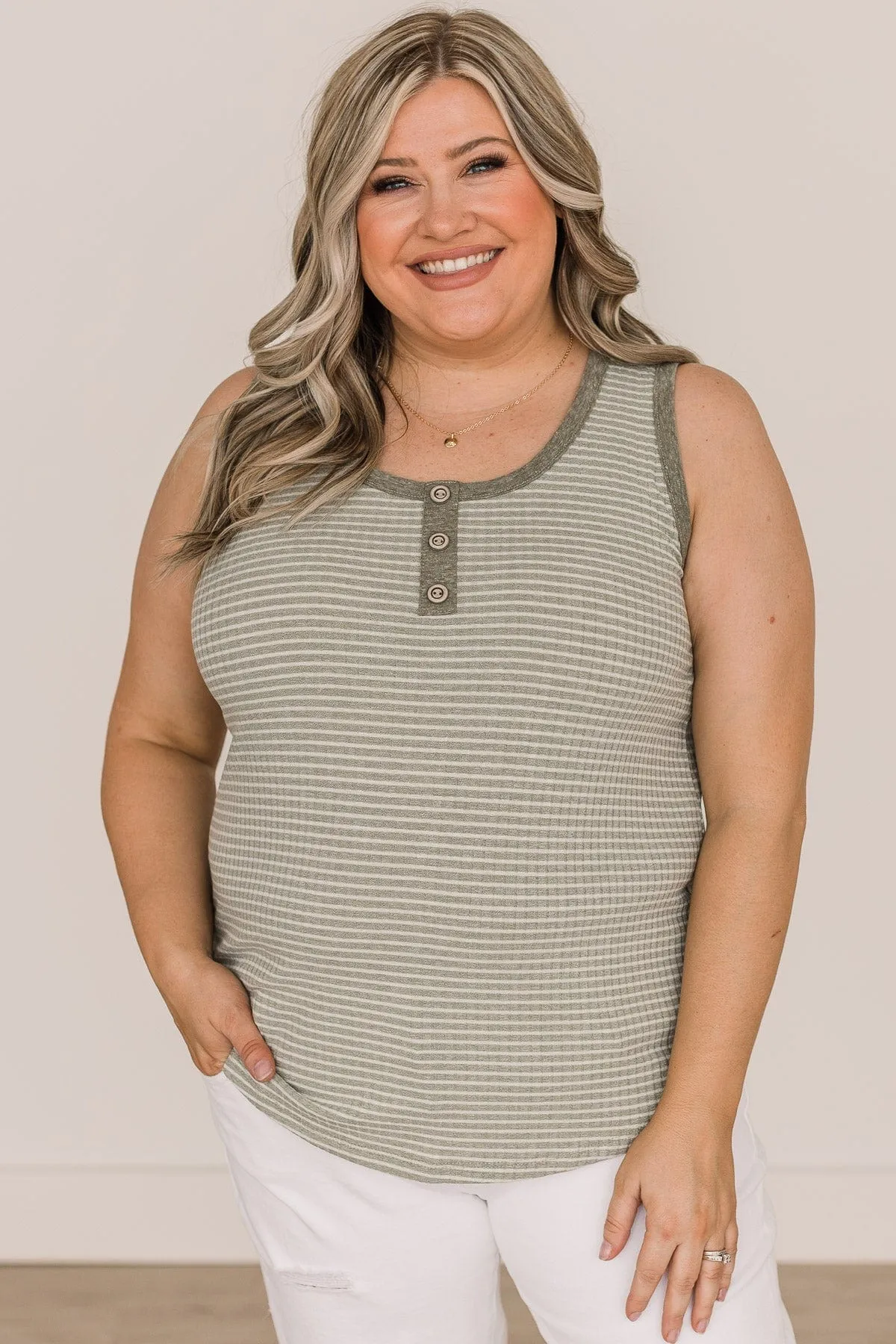 Chasing After You Striped Tank Top- Light Olive