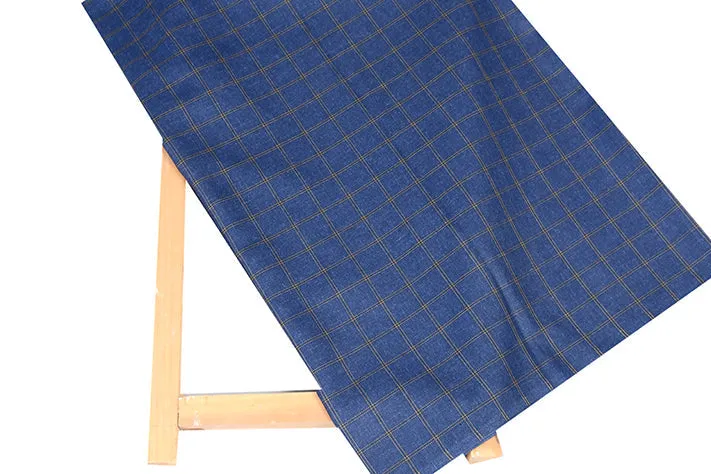 Dark Blue Tweed Fabric with Big Gold Checks ( 2 Meter Cut Piece)