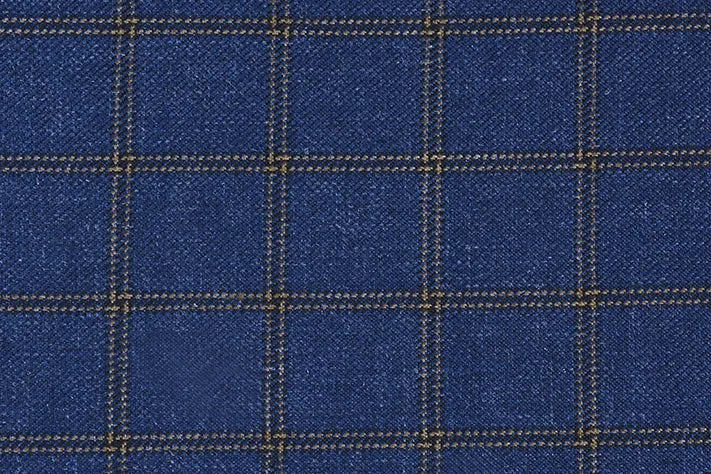 Dark Blue Tweed Fabric with Big Gold Checks ( 2 Meter Cut Piece)