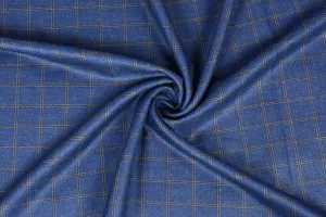 Dark Blue Tweed Fabric with Big Gold Checks ( 2 Meter Cut Piece)