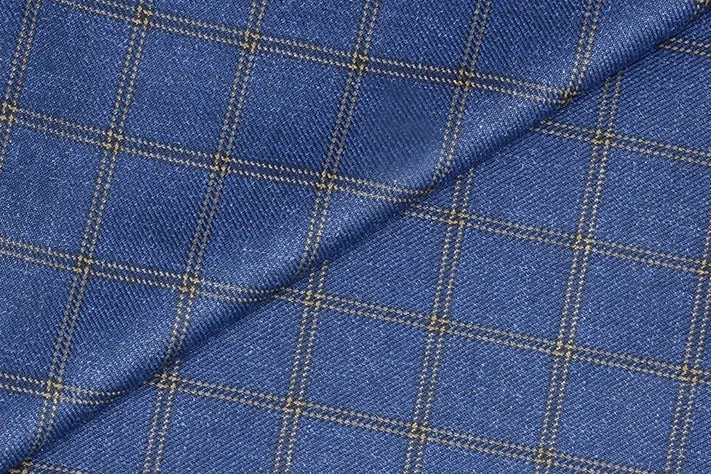 Dark Blue Tweed Fabric with Big Gold Checks ( 2 Meter Cut Piece)