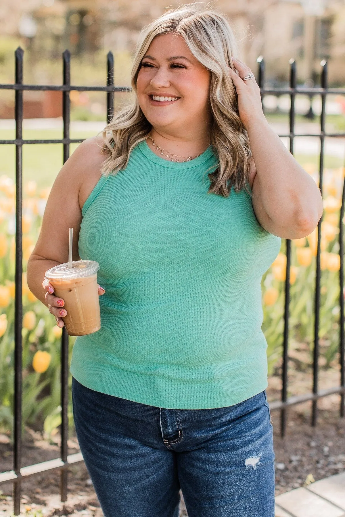 Delighted By You Knit Tank Top- Dark Mint