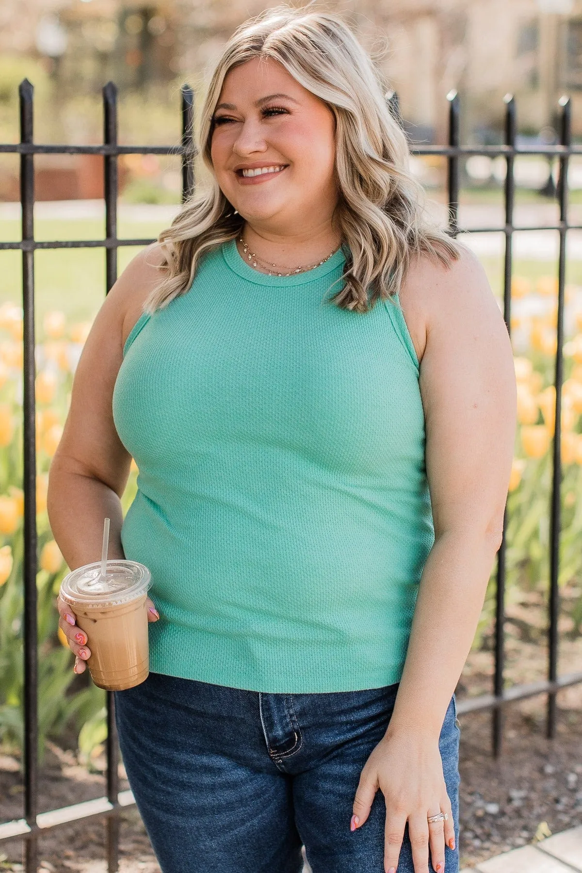 Delighted By You Knit Tank Top- Dark Mint