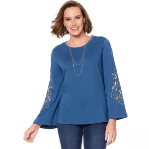 DG2 by Diane Gilman Women's Embroidered Bell Sleeve French Terry Top