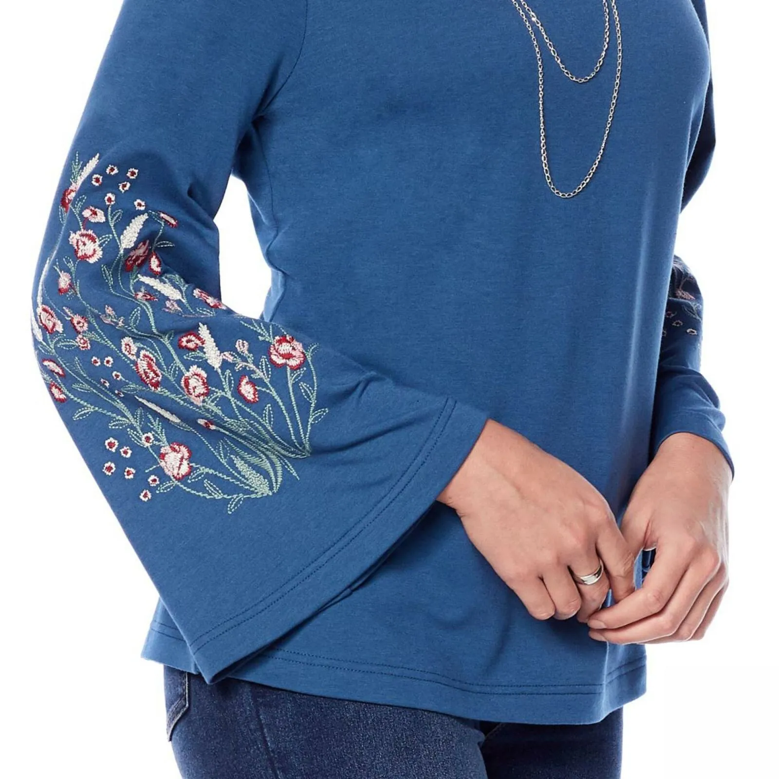 DG2 by Diane Gilman Women's Embroidered Bell Sleeve French Terry Top