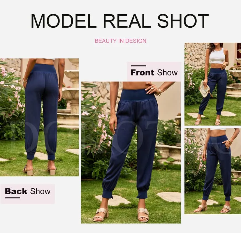 Dokotoo Womens Ladies Casual 2024 Spring Summer Comfortable Solid High Waisted Cotton Jogging Joggers Pants for Women Sweatpants with Pockets Blue