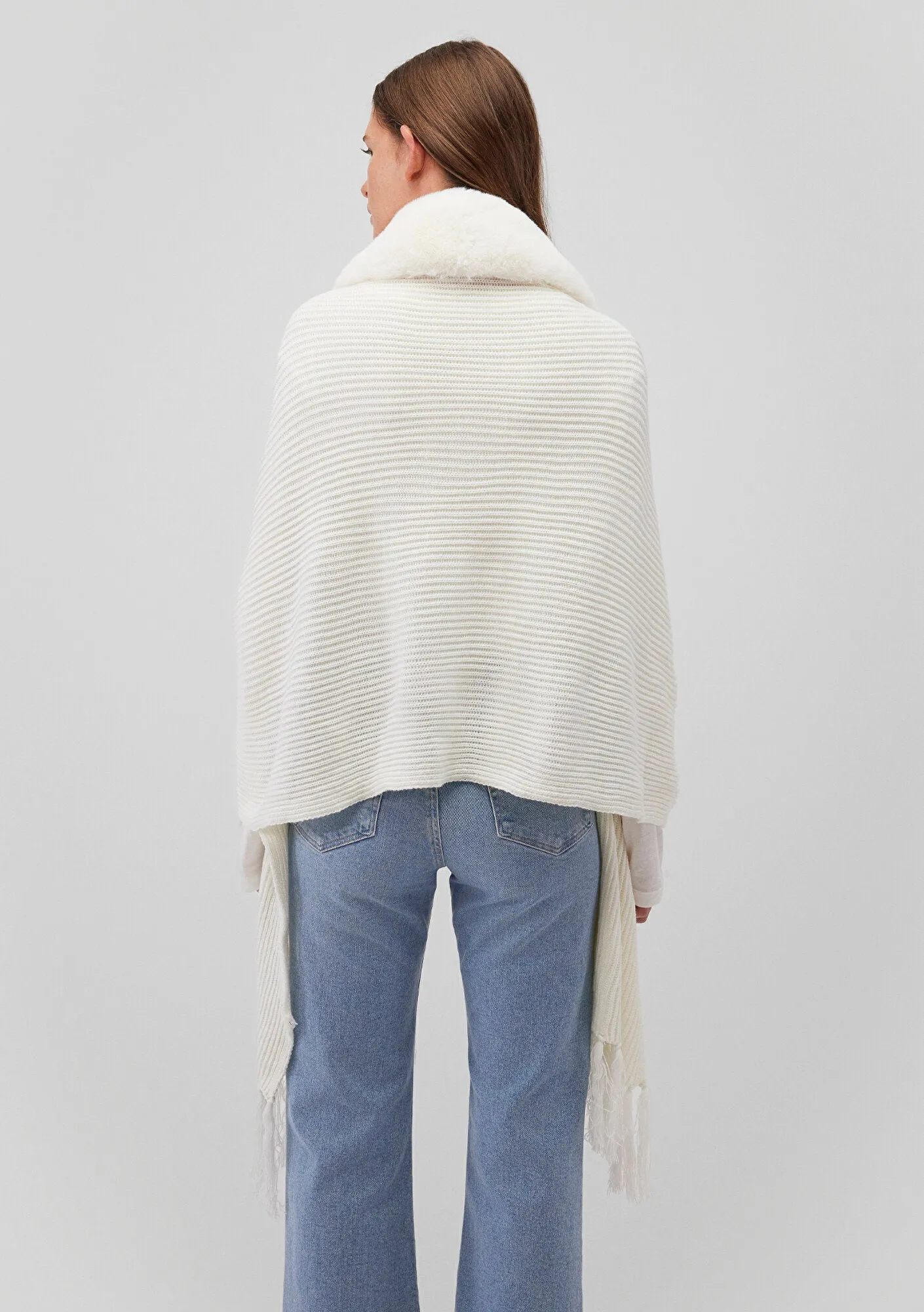 Faux Fur Detailed Ecru Pancho