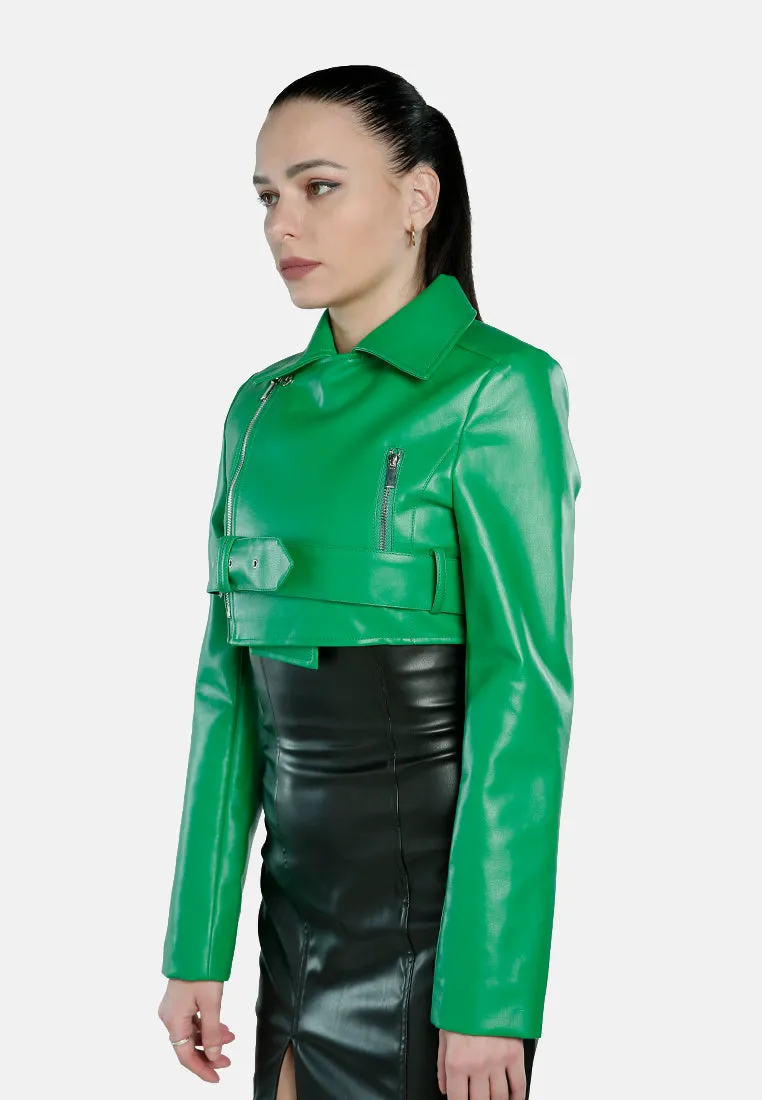 Faux Leather Belted Cropped Jacket