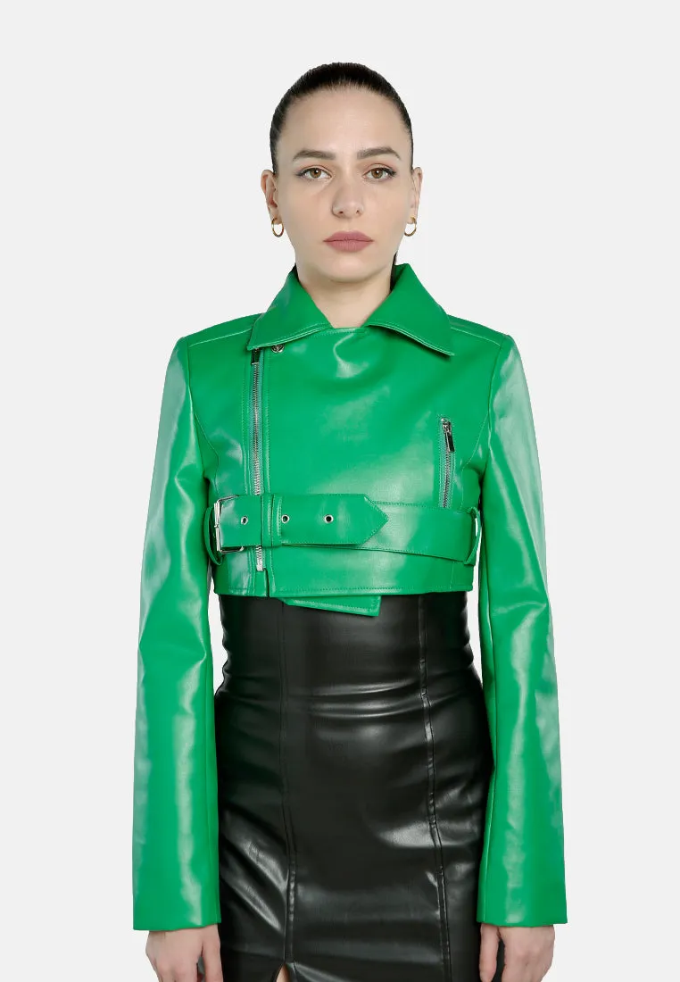 Faux Leather Belted Cropped Jacket