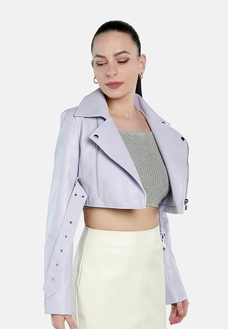 Faux Leather Belted Cropped Jacket