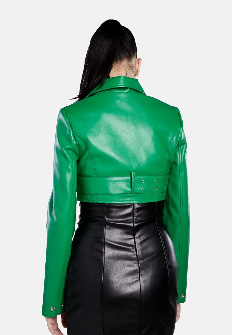 Faux Leather Belted Cropped Jacket