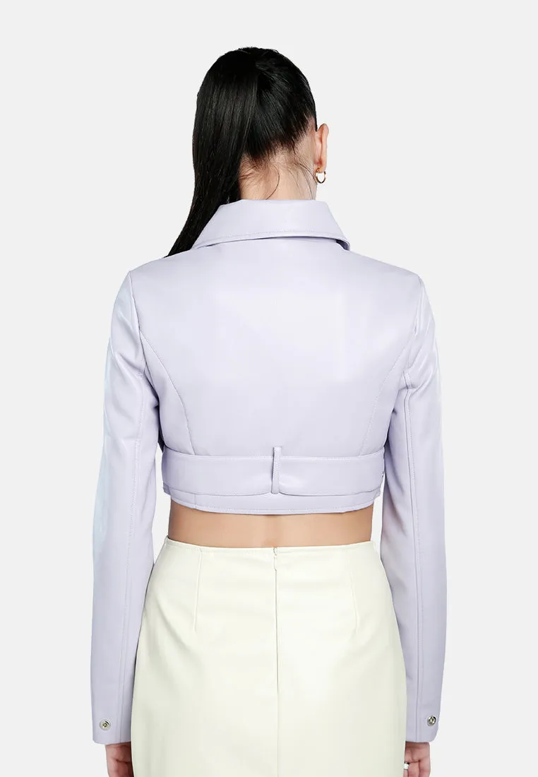 Faux Leather Belted Cropped Jacket
