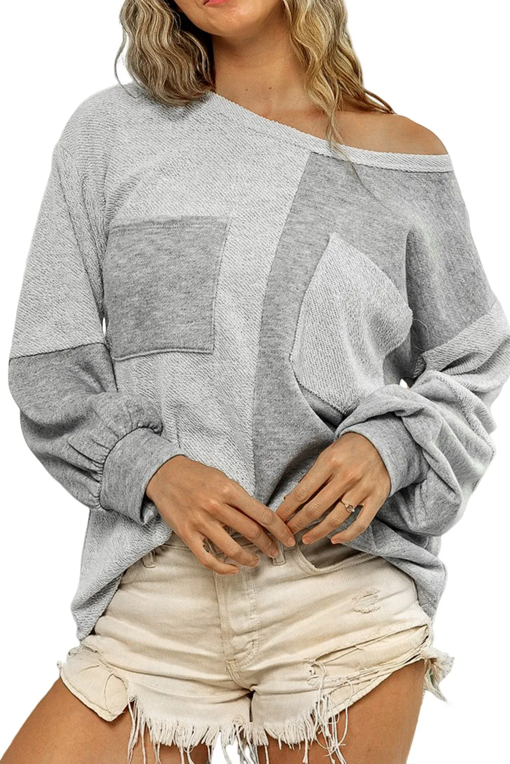 Gray Contrast Patchwork Double Chest Pocket Top