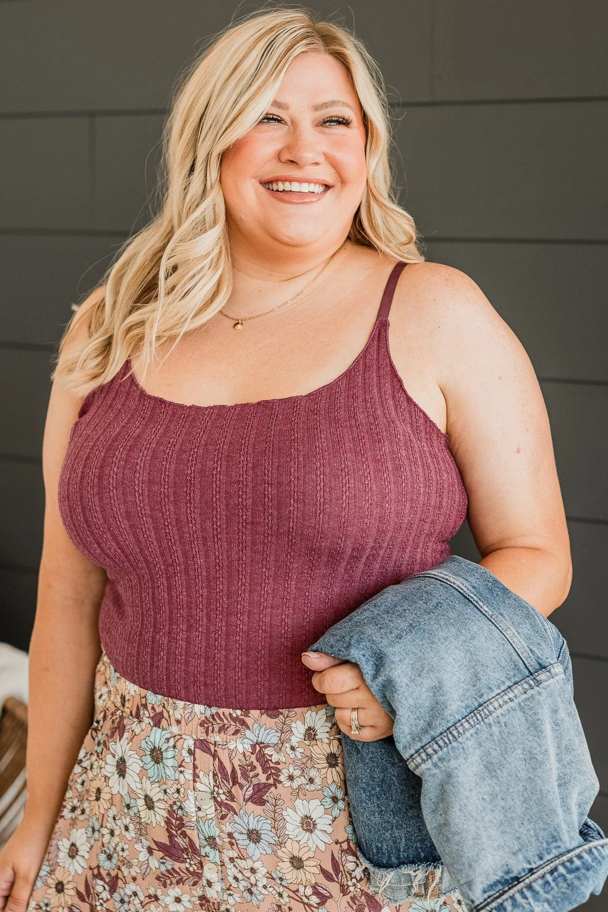 Happiness Is Within Ribbed Tank- Dark Mauve