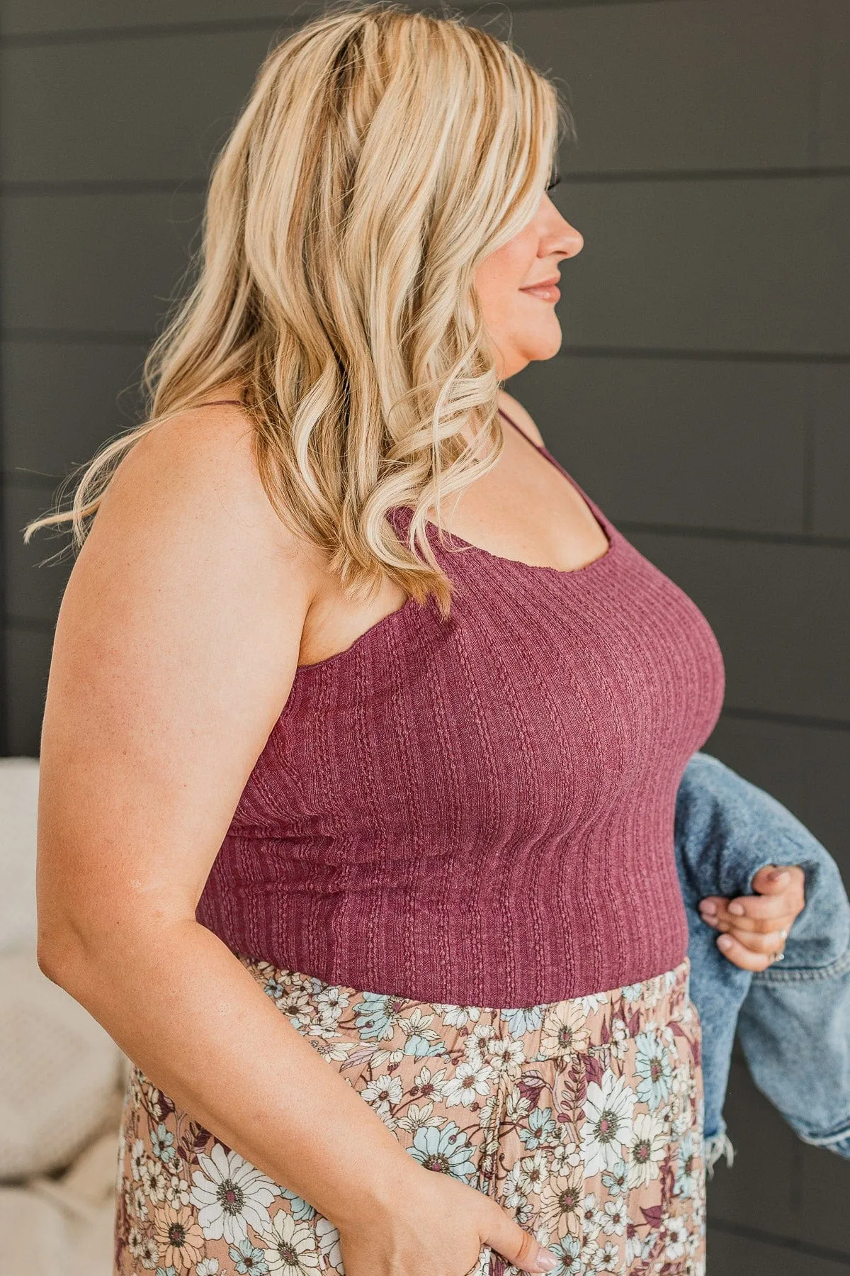 Happiness Is Within Ribbed Tank- Dark Mauve
