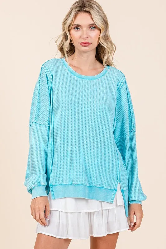 Hazel Blues® |  Mittoshop Mineral Wash Waffle Long Sleeve Sweatshirt