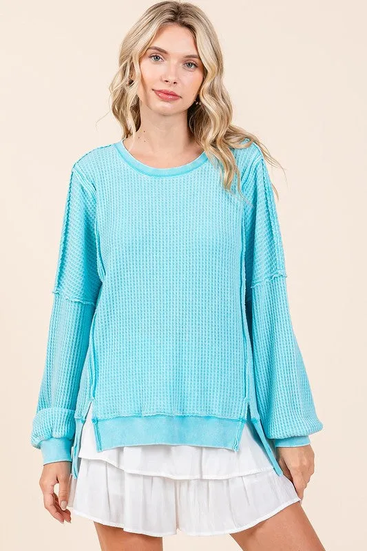 Hazel Blues® |  Mittoshop Mineral Wash Waffle Long Sleeve Sweatshirt