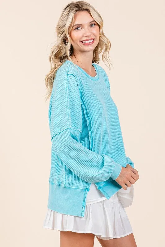 Hazel Blues® |  Mittoshop Mineral Wash Waffle Long Sleeve Sweatshirt
