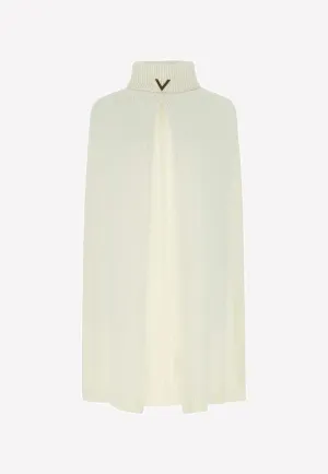 High-Neck Ribbed Knit Poncho with VLogo Detail