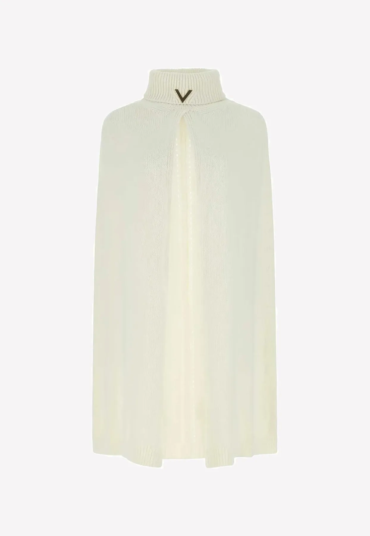 High-Neck Ribbed Knit Poncho with VLogo Detail