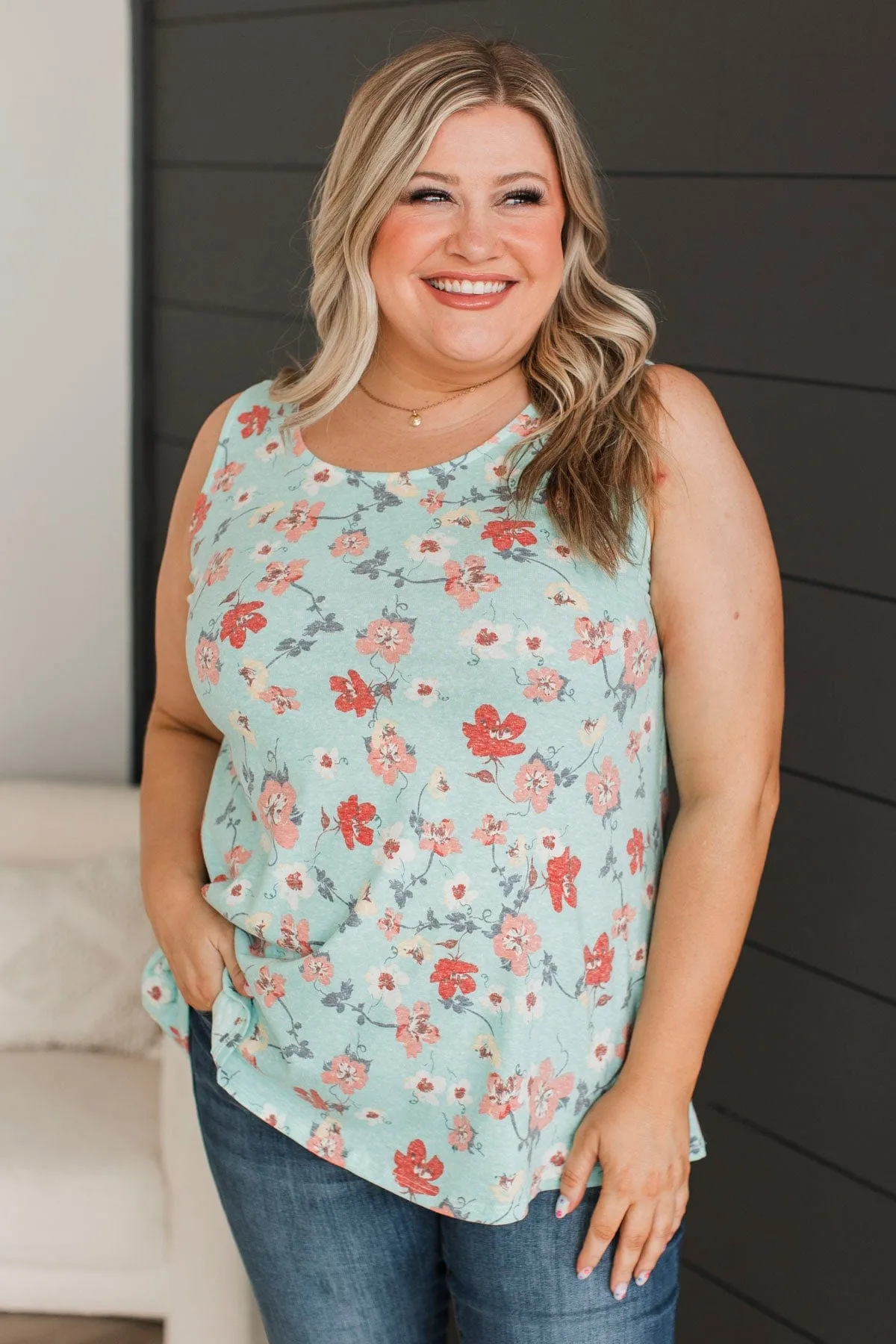 Keep On Walking Floral Tank Top- Mint Blue