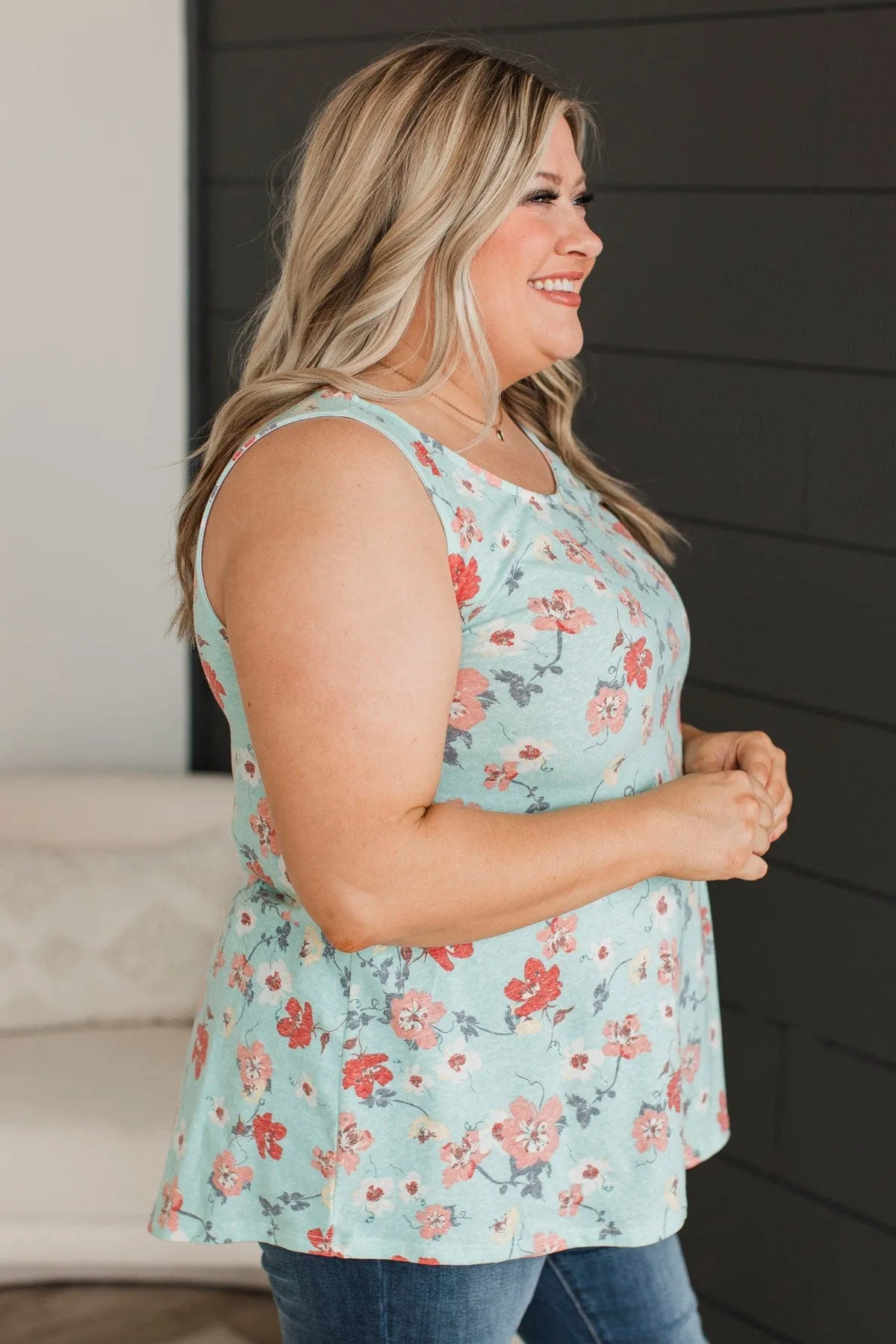Keep On Walking Floral Tank Top- Mint Blue