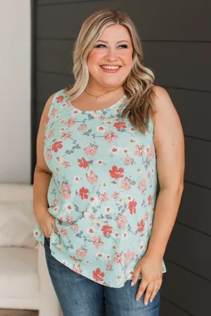 Keep On Walking Floral Tank Top- Mint Blue