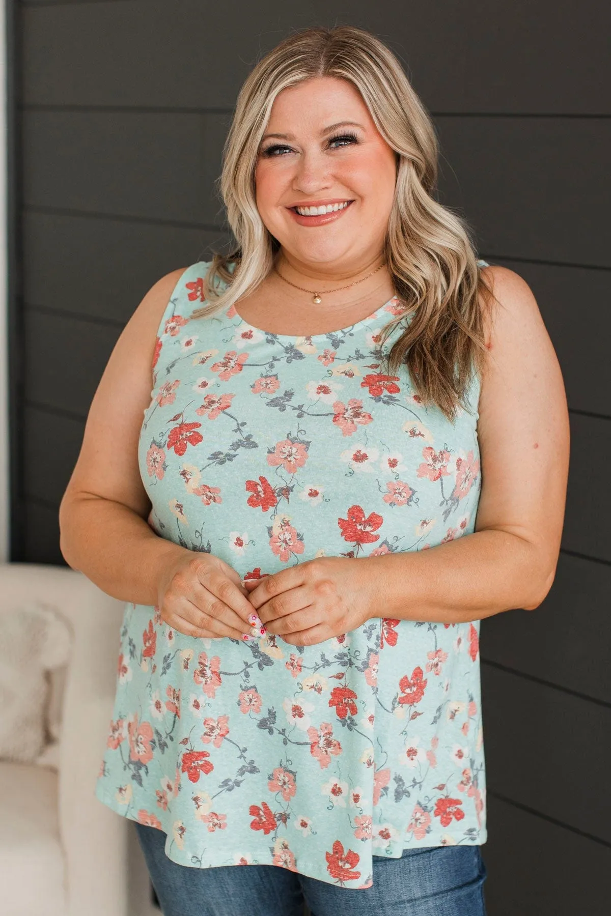 Keep On Walking Floral Tank Top- Mint Blue