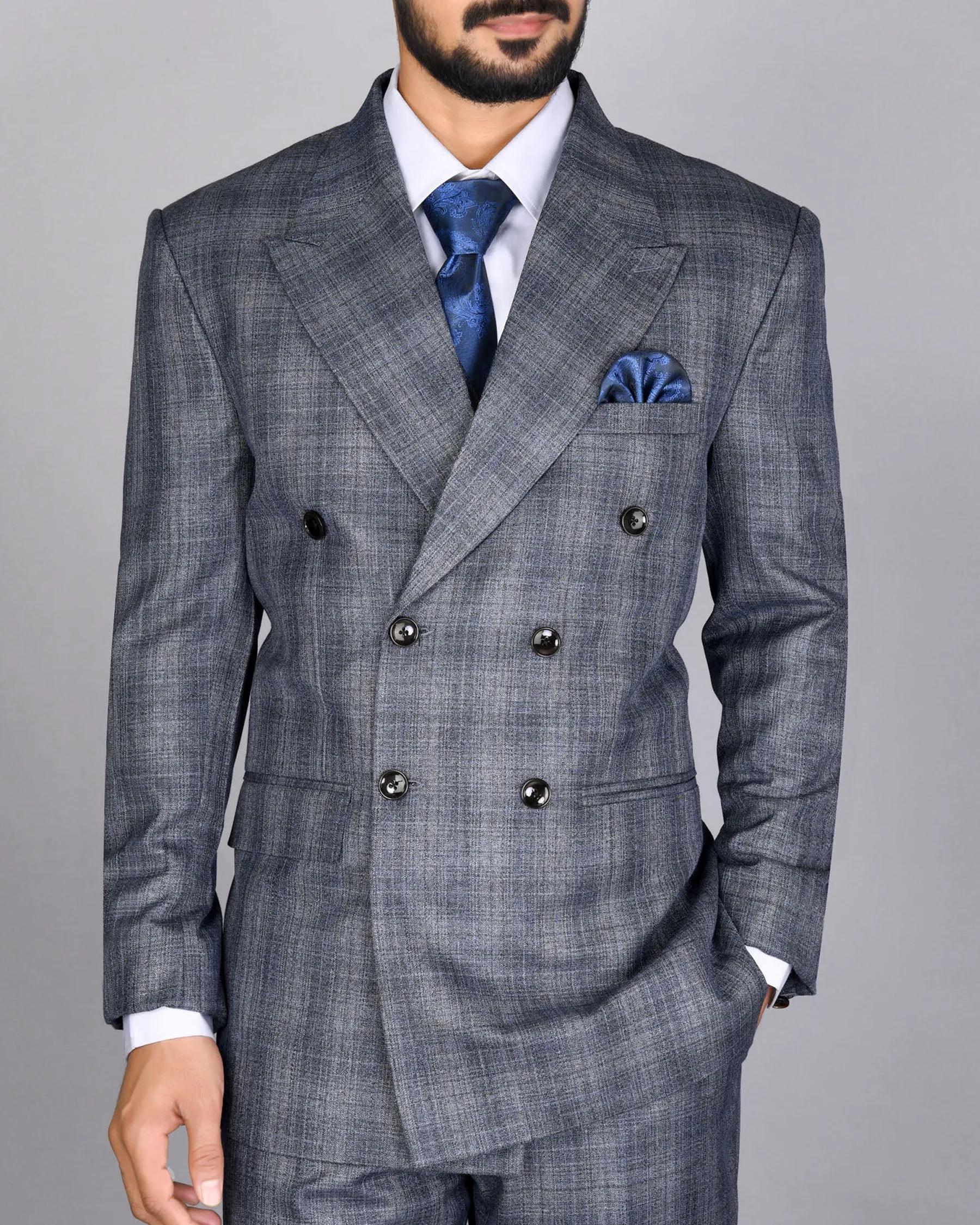 Manatee Grey Subtle Plaid Double Breasted Blazer