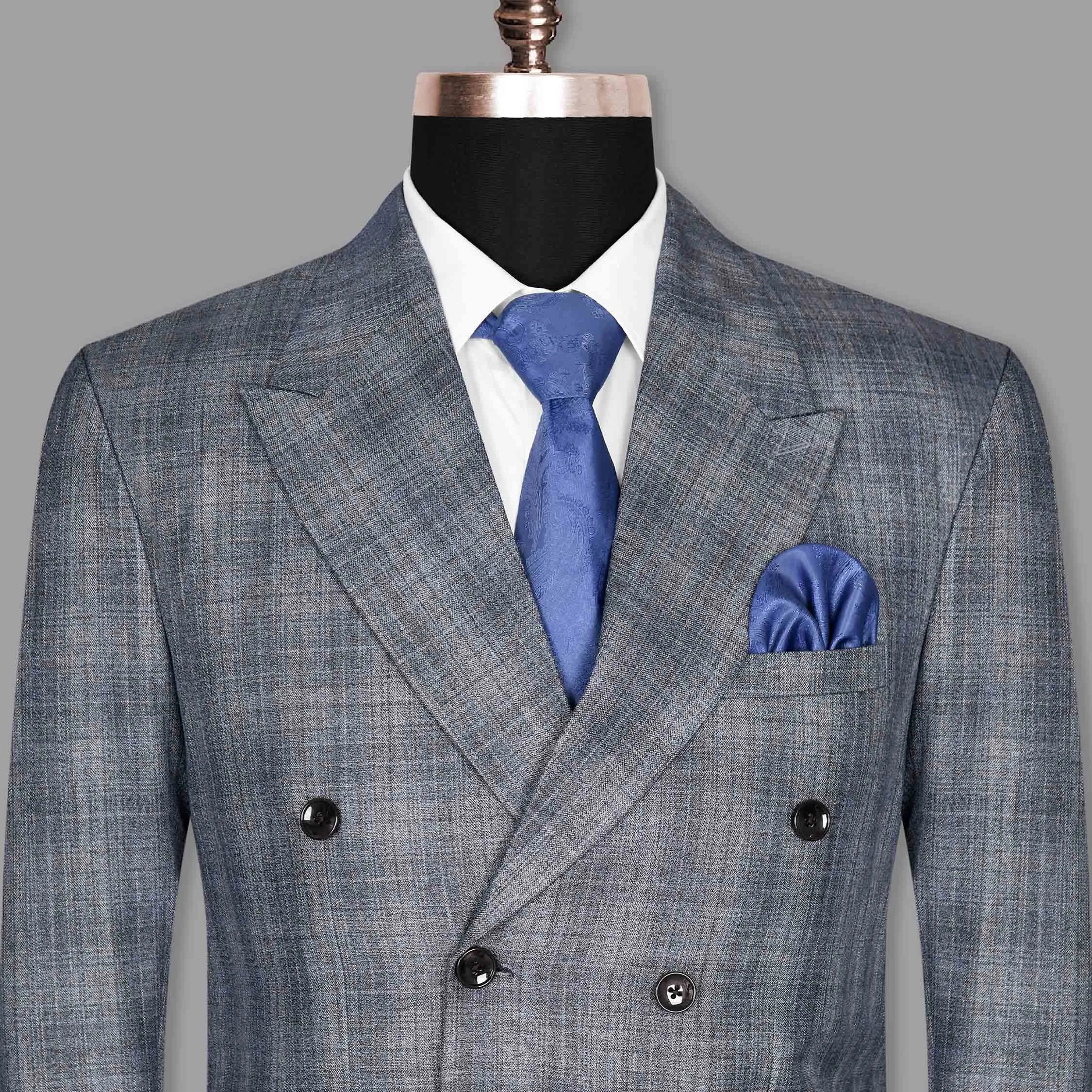 Manatee Grey Subtle Plaid Double Breasted Blazer