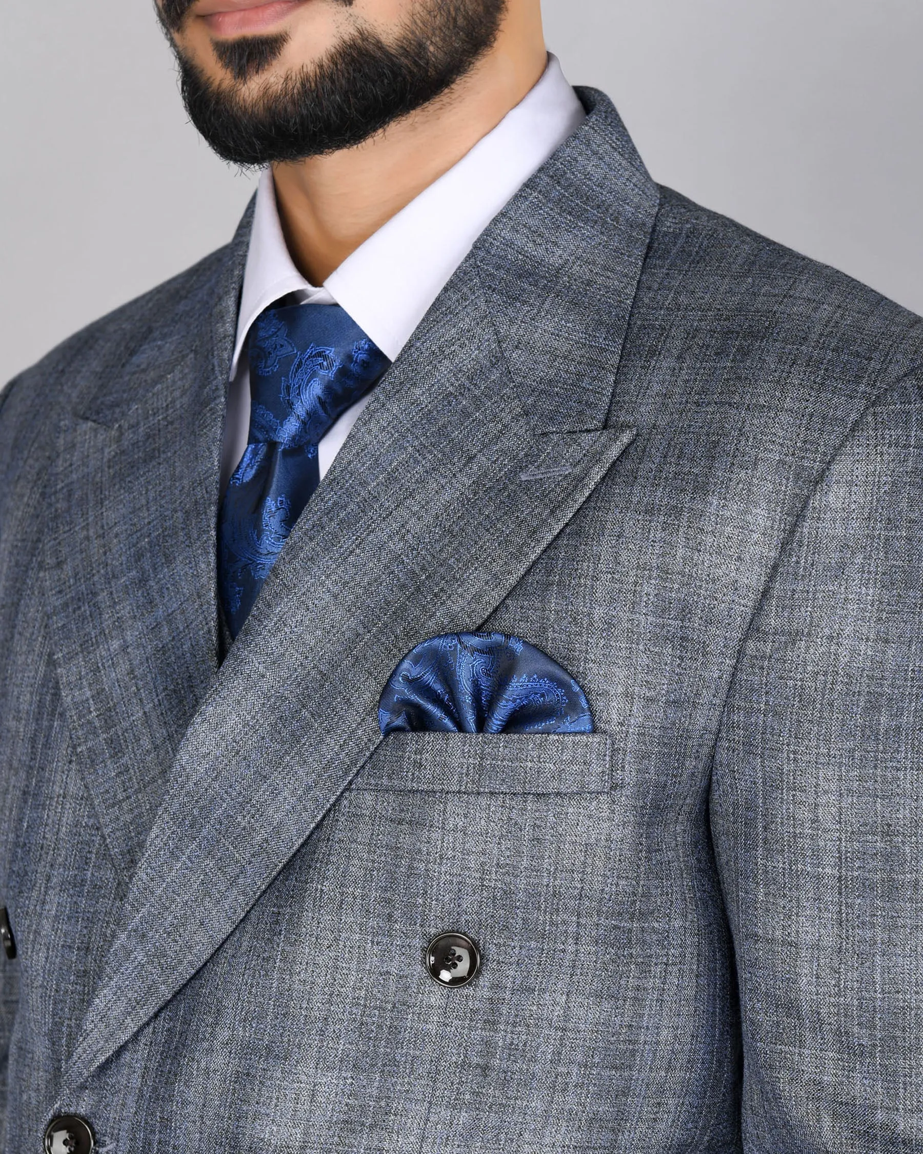 Manatee Grey Subtle Plaid Double Breasted Blazer