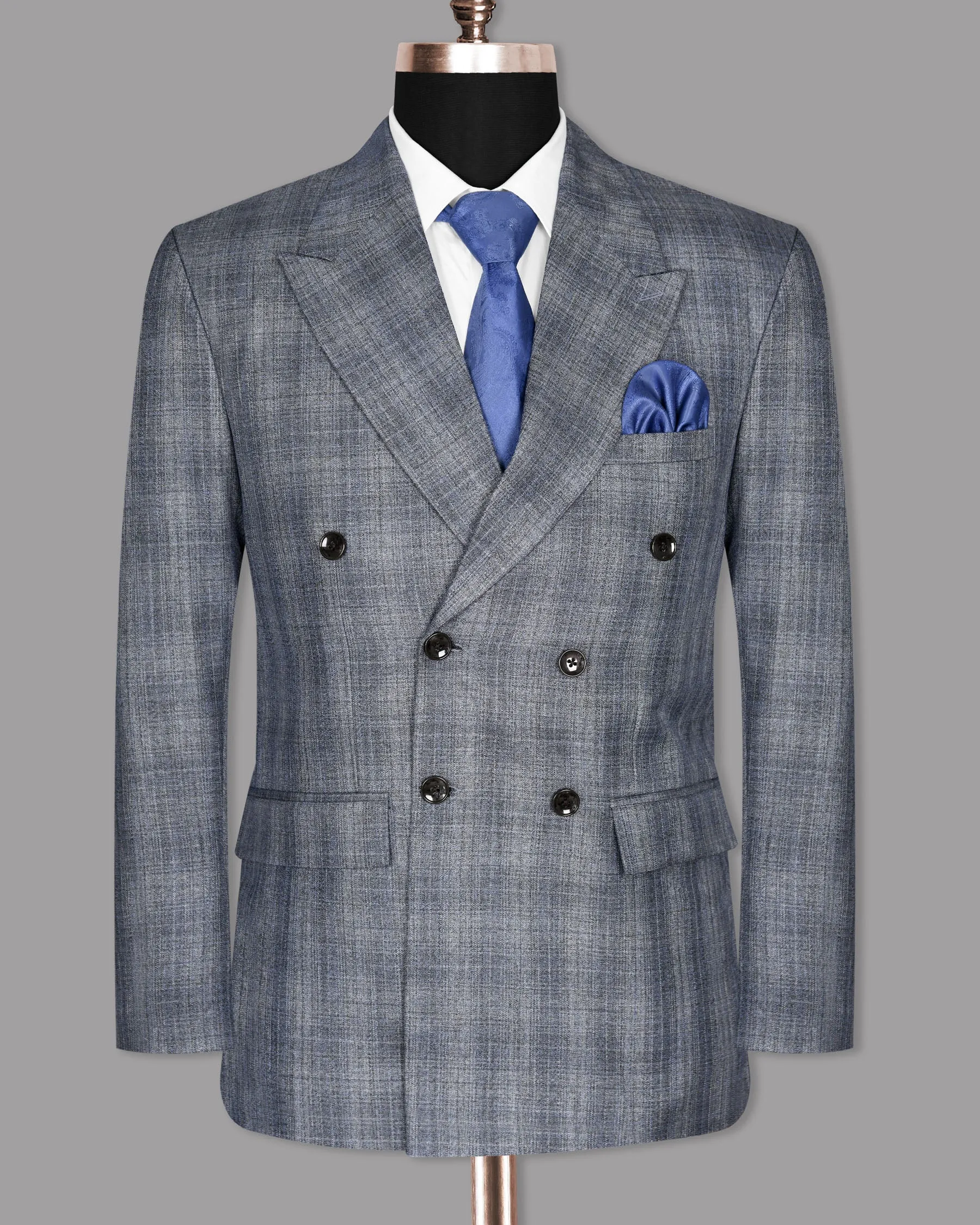 Manatee Grey Subtle Plaid Double Breasted Blazer